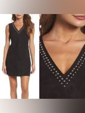 BB Dakota Black Suede V-Neck Mini Dress with Stud Accents
